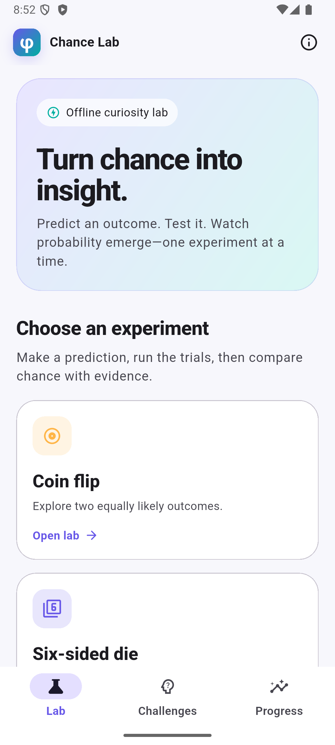 Chance Lab home screen showing coin, die, and spinner experiment choices